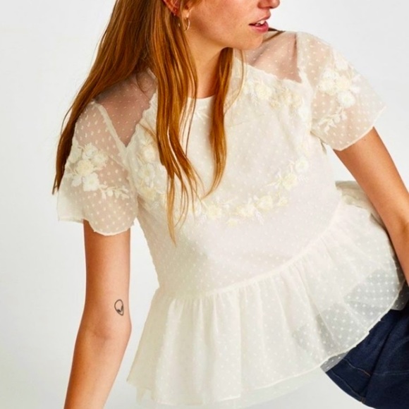ZARA Short Sleeve Swiss Dot Sheer Tulle Blouse with Embroidered Flowers Medium - Picture 1 of 8